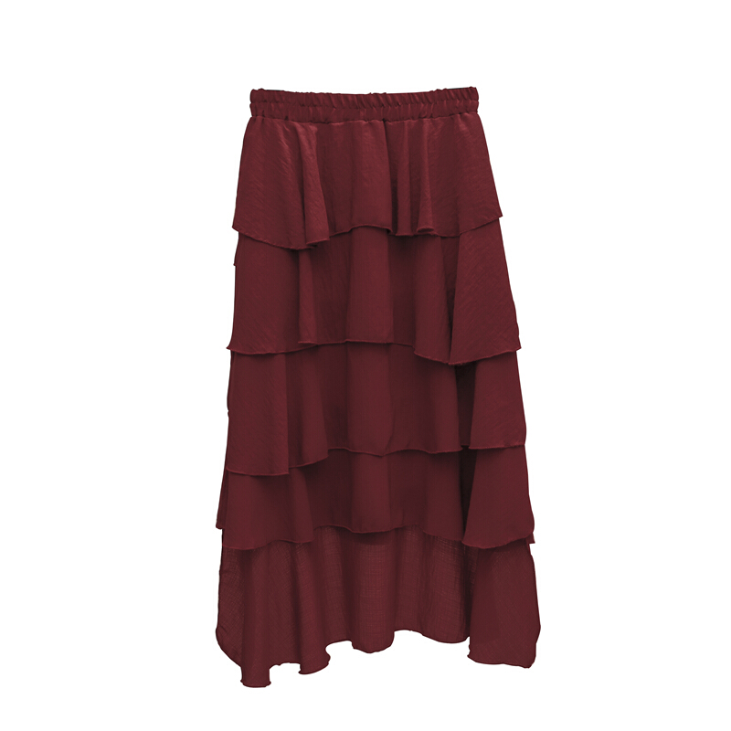 半身裙夏女2018新款不规则裙子韩版时尚酒红色高腰中长款裙