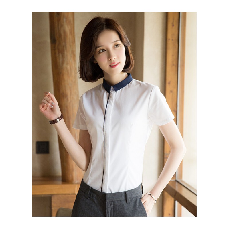 小领撞色职业衬衫女短袖条纹工装OL正装白色衬衣工作服修身棉