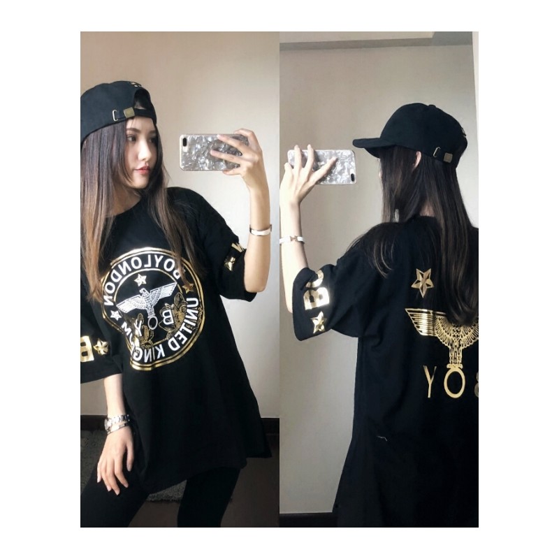 潮夏季女装新款大码宽松纯棉短袖T恤女 玫瑰花老鹰烫金长款打底衫 黑金 均码