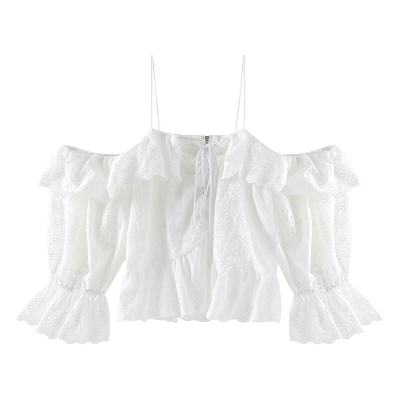夏装2018新款港味复古 甜美带一字露肩上衣女短袖蕾丝衬衫潮 图片色 均码