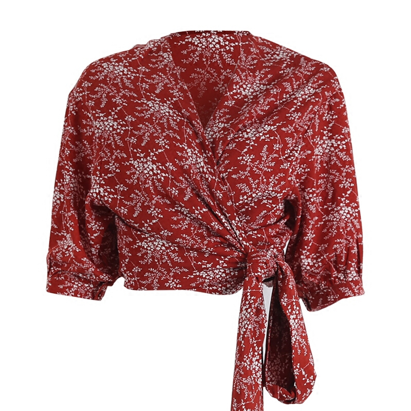2018春夏新款和风碎花V领裹身收腰短款上衣女轻薄五分袖雪纺衬衫红色