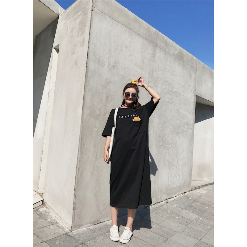 2018夏季新款韩版卡通印花长款T恤女短袖纯棉学生宽松大码连衣裙