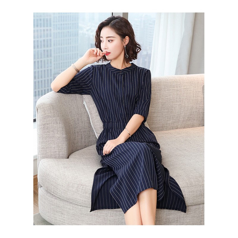 2018新款大码女装夏装200斤长裙胖mm减龄胖仙女显瘦遮肚子连衣裙藏青色