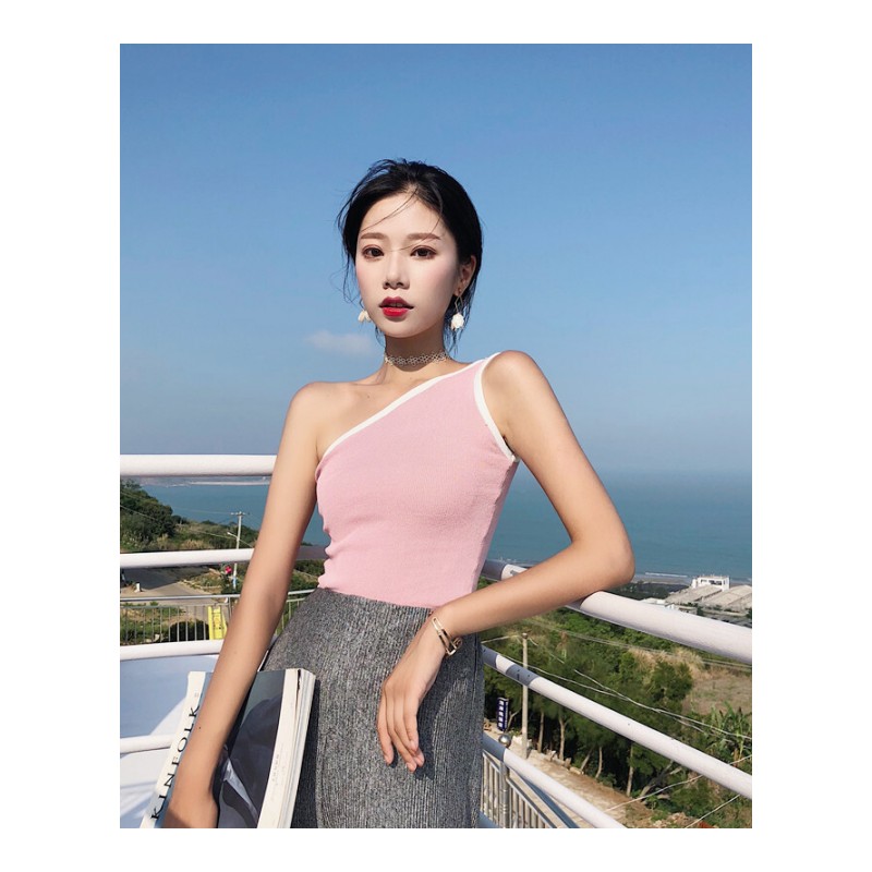 韩版无袖性感露肩撞色小背心女夏bf风心机显瘦外穿打底衫个性上衣白色均码