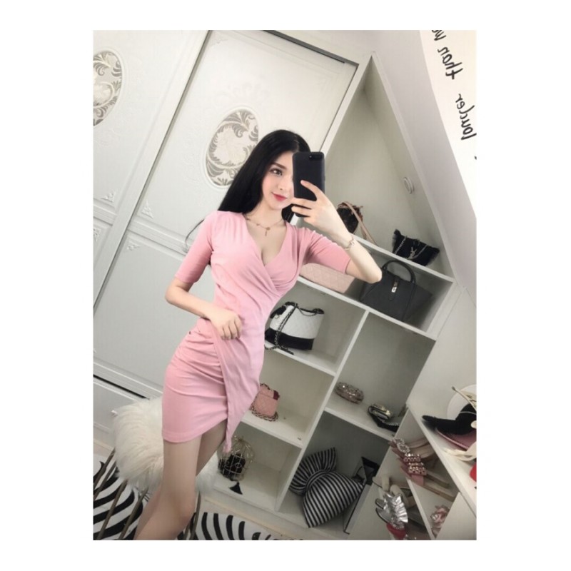 2018新款夜场性感夜店女装不规则修身显瘦v领低胸包臀打底连衣裙灰色均码
