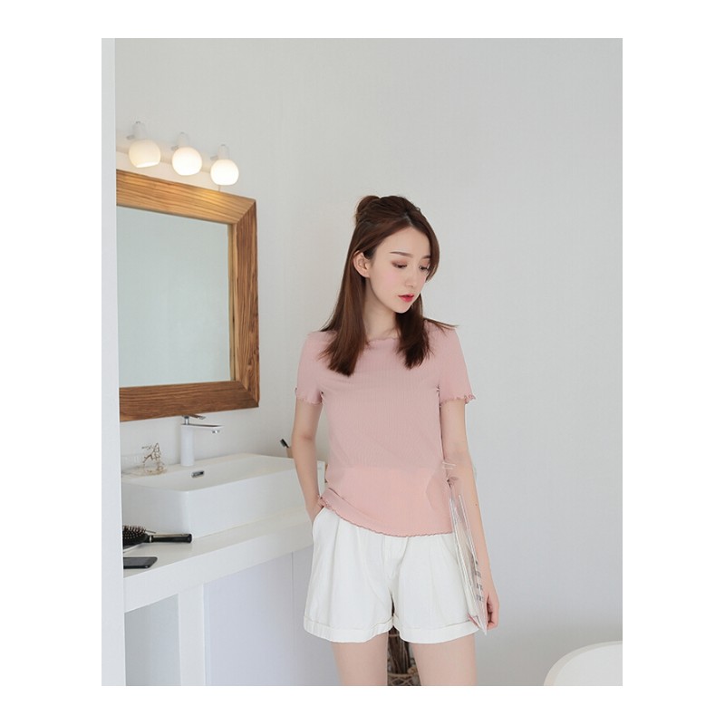 2018夏季短袖修身冰丝女韩版圆领基础打底上衣短袖木耳边纹理T恤白色均码