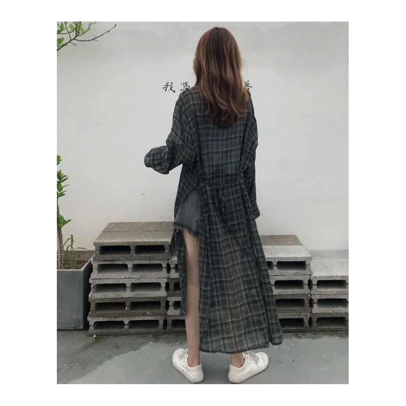 夏天飘逸超长款衬衫女休闲宽松开衫防晒衬衣优雅开叉格子薄外套潮绿色均码