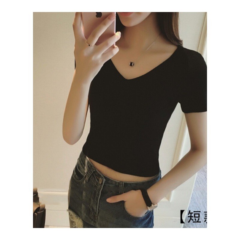 2018夏季冰丝针织衫短袖T恤女韩版修身紧身短款打底v领纯色上衣薄