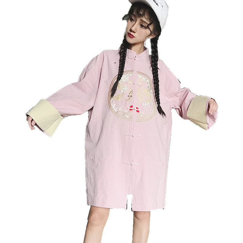 2018春装新款女装韩版学生少女中长款防晒衣刺绣盘扣衬衣衫衬衫潮图片色