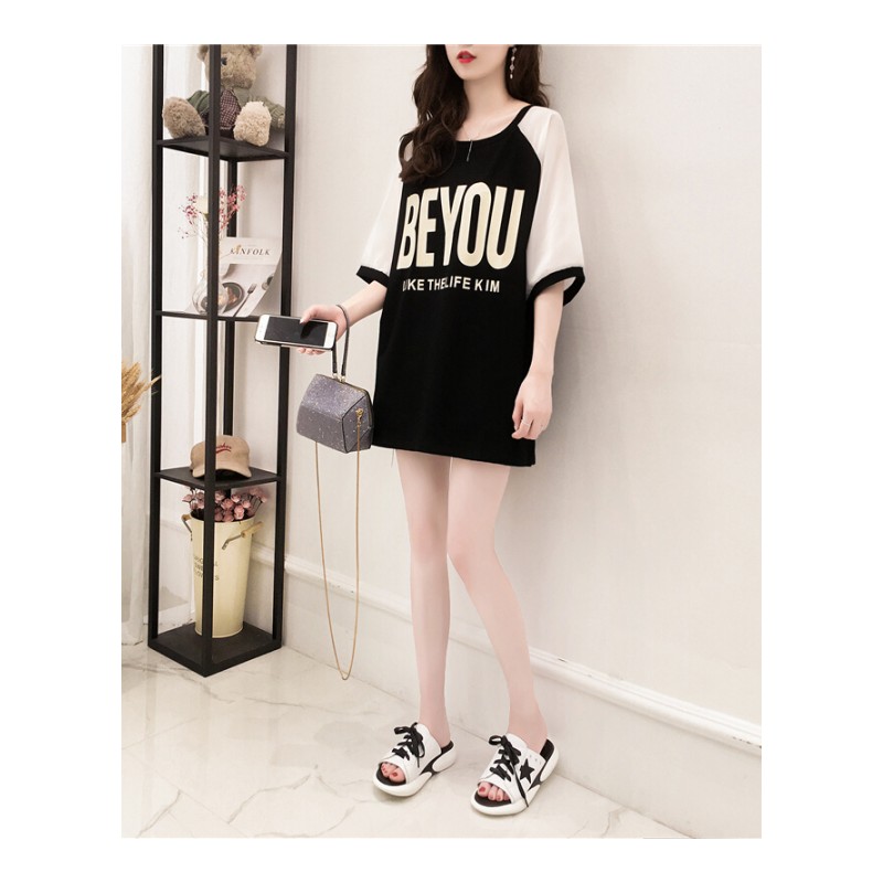 夏装五分袖T恤女2018韩版中袖打底衫学生宽松小清新字母印花上衣黑色均码