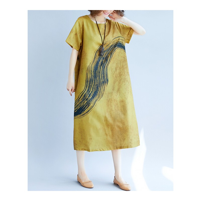 减龄女装腰粗遮肚子连衣裙显瘦2018夏季200斤胖mm大码棉麻中长款黄色