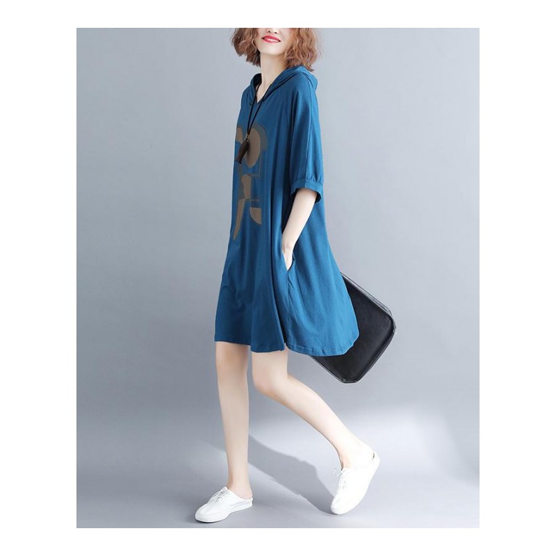 减龄女装2018夏装新款韩版宽松大码连帽T恤连衣裙显瘦洋气中长款