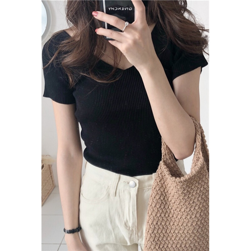 温柔风上衣复古女雾霾蓝T恤短袖杏色学生针织快手紧身社会打底衫豆沙色均码