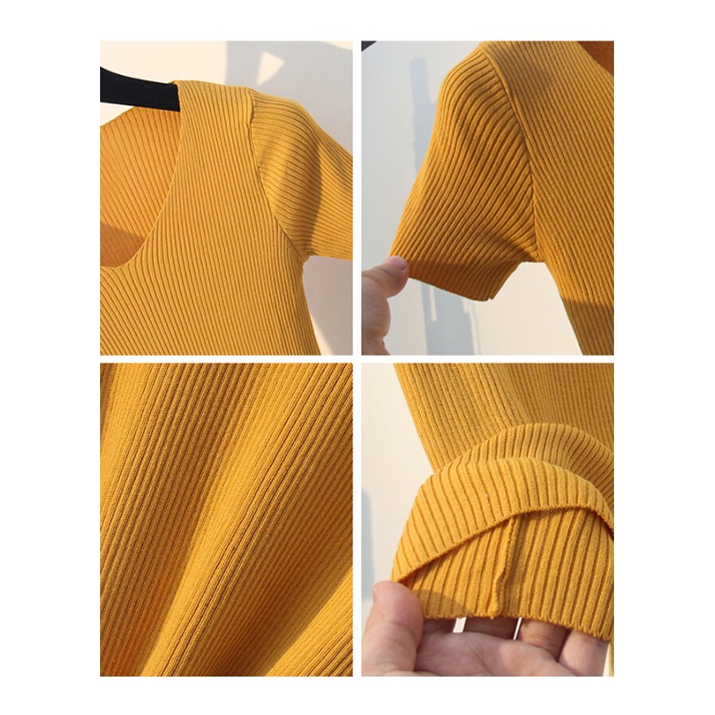 冰丝针织衫女套头打底短袖T恤2018新款夏韩版v领短款修身冰麻薄款