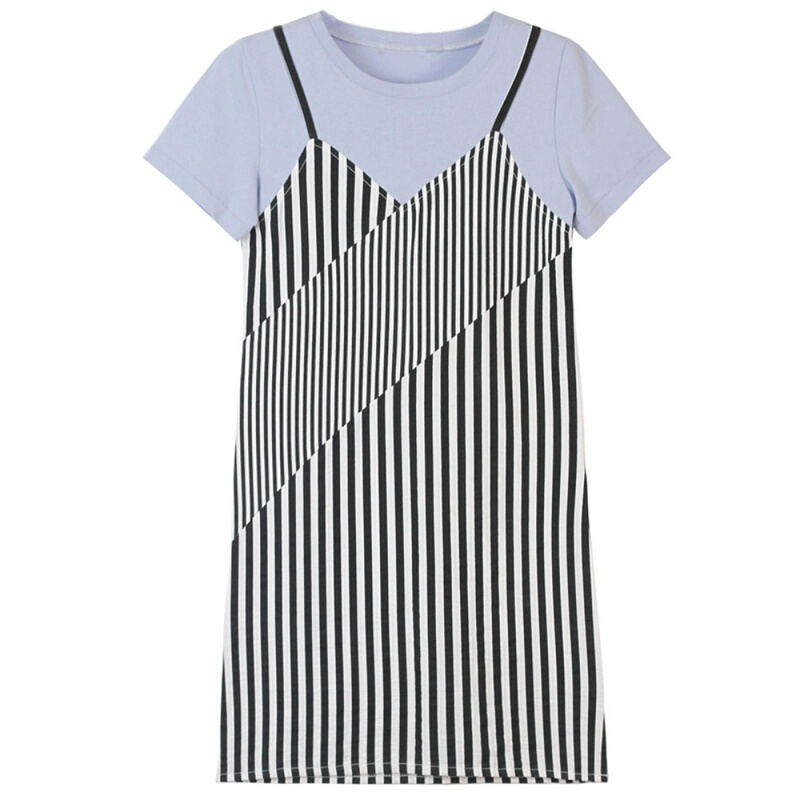 2018夏装新款宽松中长款假两件条纹短袖T恤女超火的上衣半袖体恤蓝色