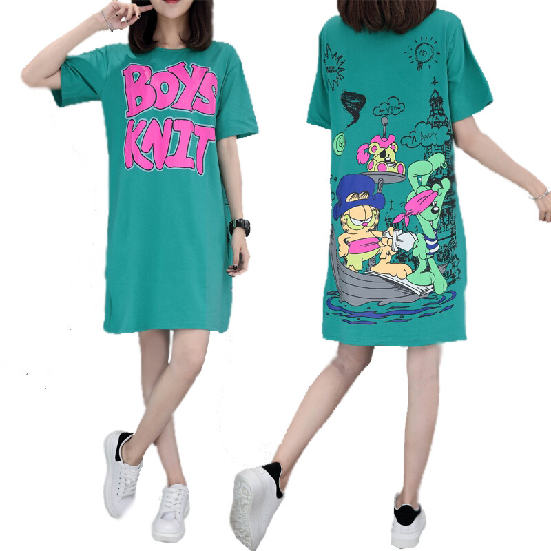 胖妹妹夏装字母印花短袖T恤200斤加肥加大码女装中长款宽松连衣裙