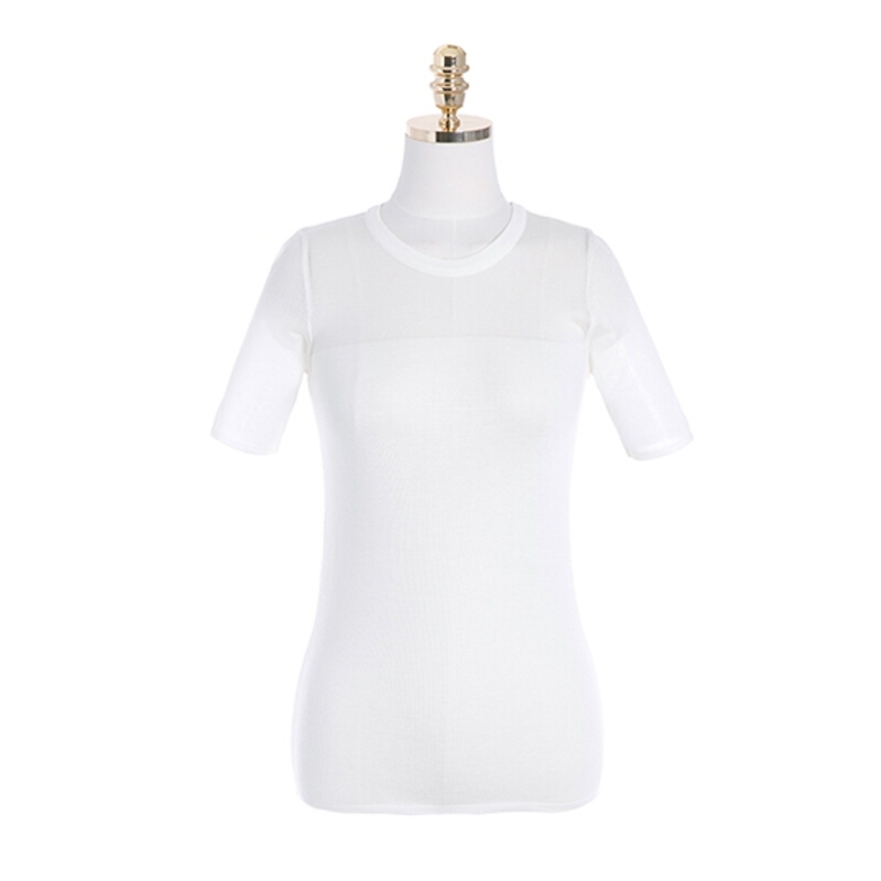 夏装新款2018白色冰丝短袖T恤女薄款针织简约镂空透气打底针织衫