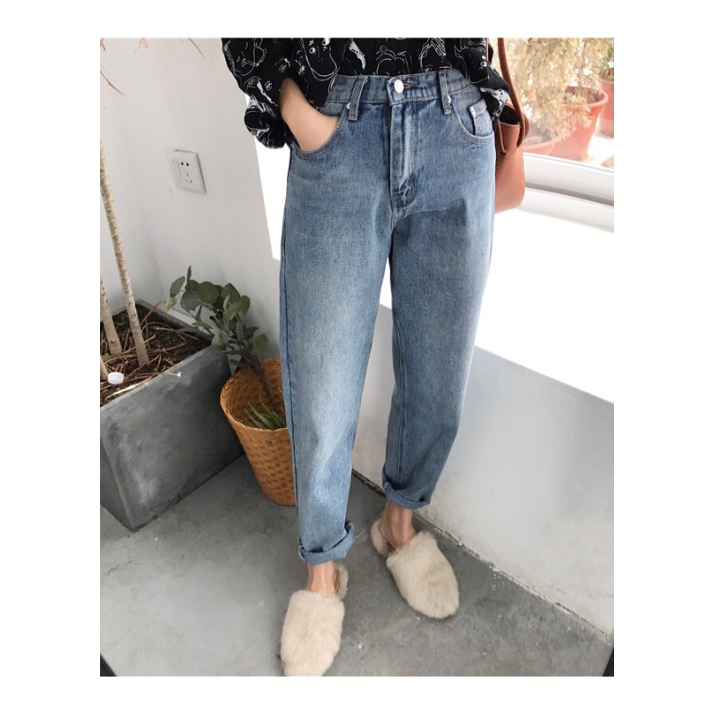 春装韩版浅色牛仔裤休闲宽松显瘦直筒裤高腰卷边九分裤学生长裤女蓝色