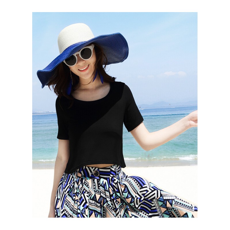 2018夏季新品黑色圆领上衣不规则百搭短款修身打底露脐短袖T恤女