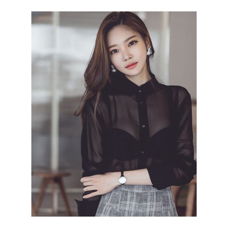2018春新款女装韩版修身显瘦雪纺衫上衣时尚百搭黑色长袖衬衫黑色