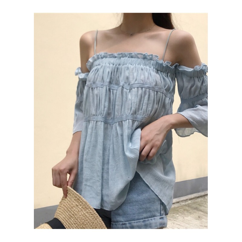 气质修身露肩一字领荷叶短袖皱褶纯色套头衬衣上衣女 浅天蓝 均码