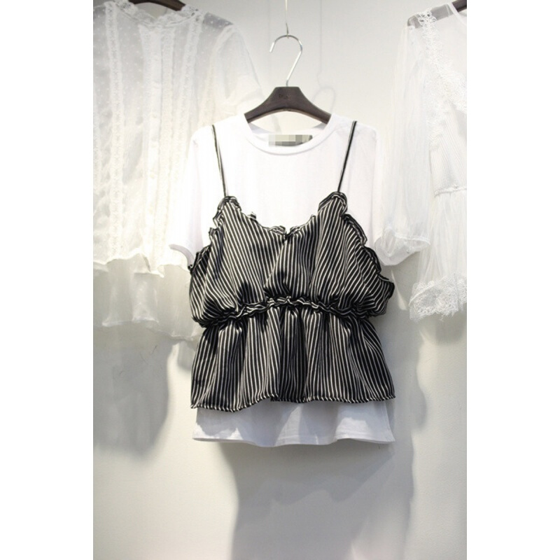 2018夏季新款韩版条纹带小背心+纯色圆领短袖T恤上衣两件套装女图片色