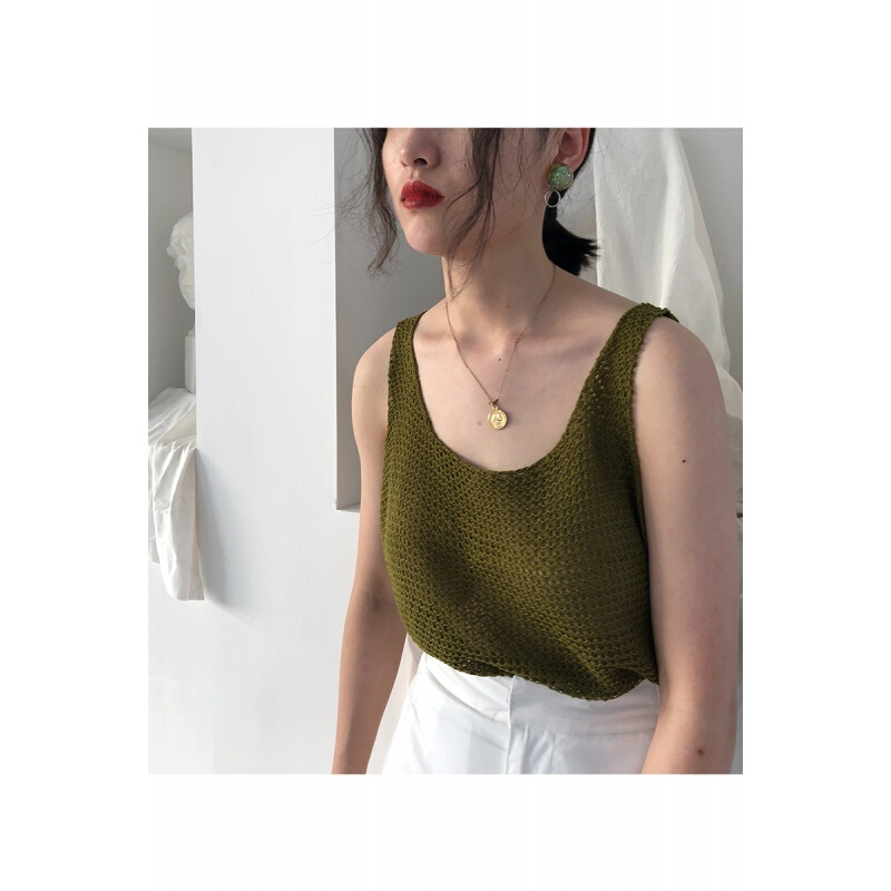 绿针织背心女夏性感外穿显瘦镂空纯色小带 牛油果绿色 均码