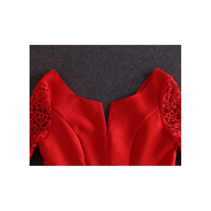 2018夏女季红色蕾丝同款短袖高腰连衣裙晚会新娘聚会礼服裙红色图色