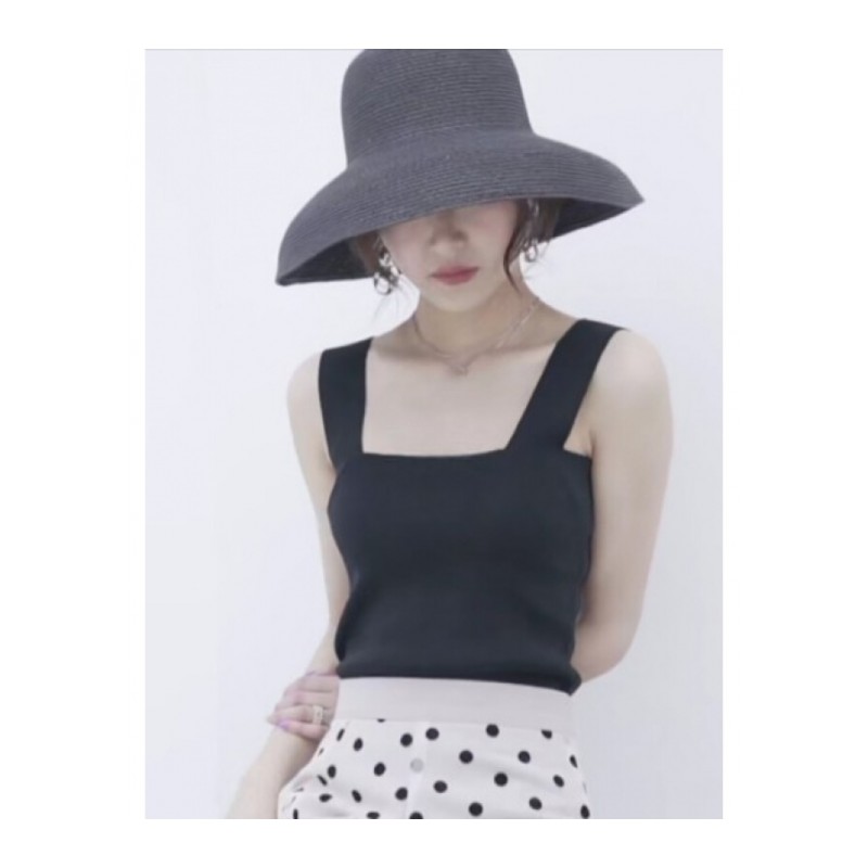 夏季韩版修身短款方领冰丝针织背心带打底衫外穿上衣女黑色