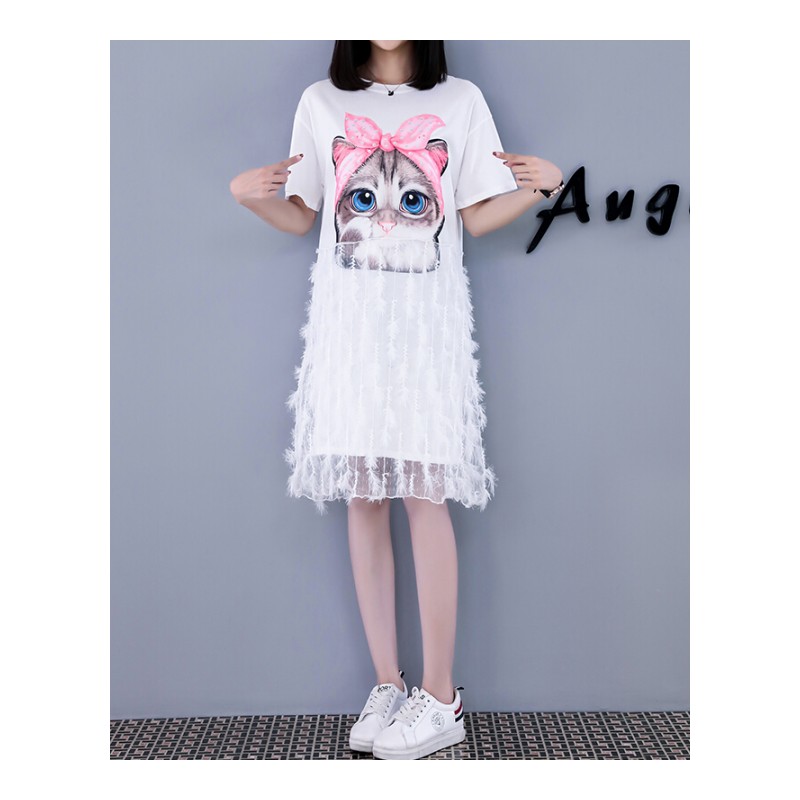 夏季韩版短袖T恤大码宽松显瘦打底衫女中长款网纱拼接时尚上衣潮