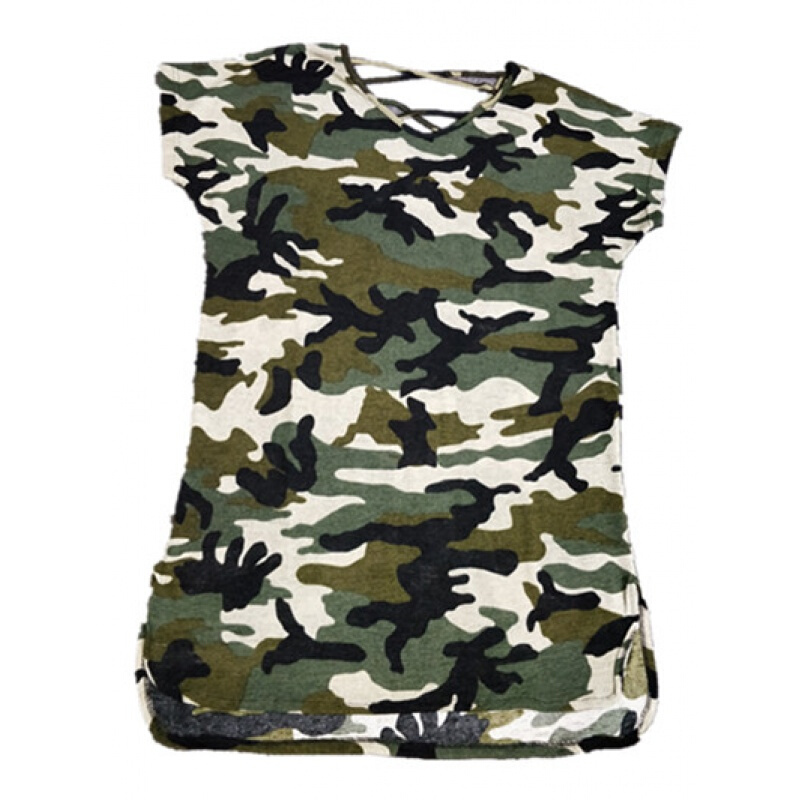 胖mm加肥加大码迷彩冰丝针织衫女中长款夏薄款宽松露背短袖连衣裙军绿色衣长92左右