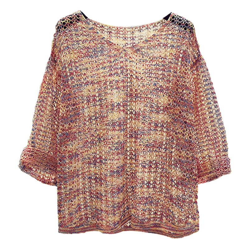 冰丝针织衫女2018新款夏装空套头防晒宽松chic罩衫薄款镂空上衣红色均码