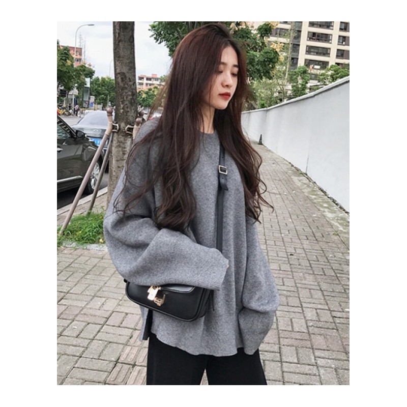 秋冬韩版时尚厚实宽松慵懒风毛衣开叉套头圆领长袖学生针织衫女潮樱花粉8387#