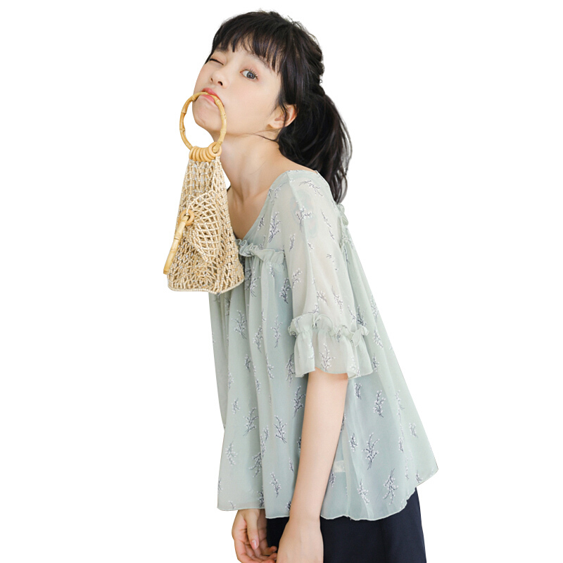 碎花雪纺衫女学生韩版2018新款夏宽松百搭小清新短袖衬衫上衣女装 绿色 均码