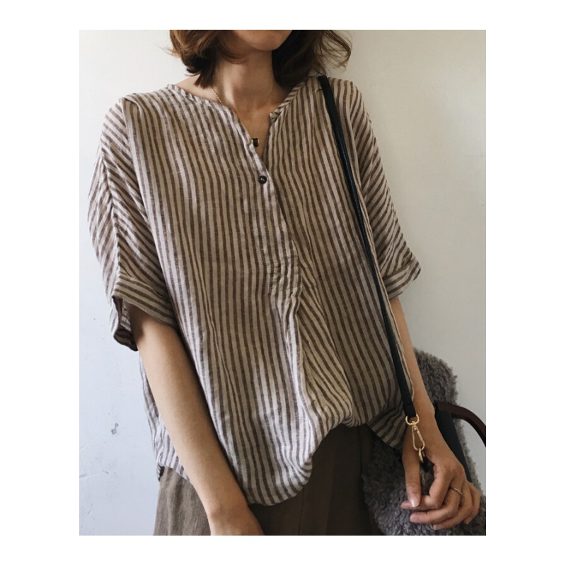 2018春夏新品女日系韩版大码棉麻学院竖条纹显瘦V领中袖套头衬衫蓝黑条均码