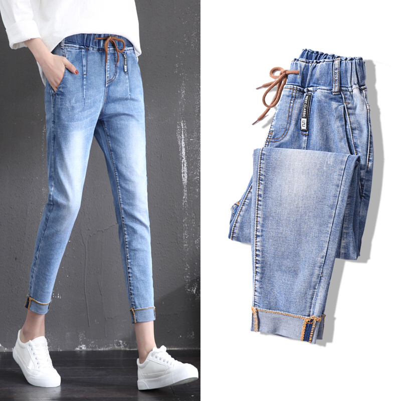 松紧腰牛仔裤女小脚2018春夏新款韩版显瘦高腰bf宽松九分哈伦百搭