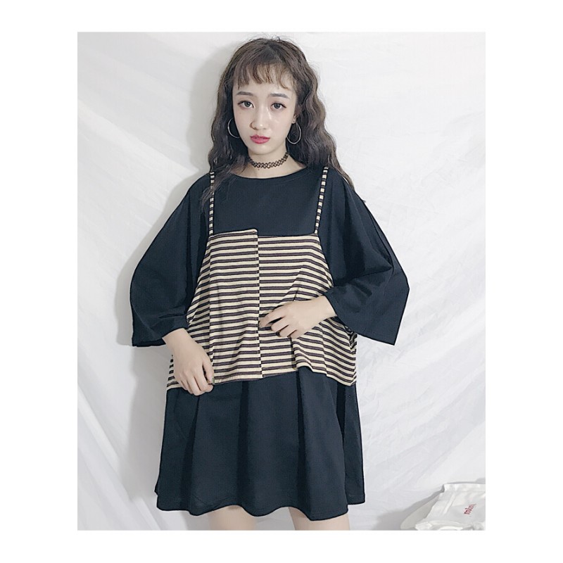 2018夏季新款女装韩版中长款纯色宽松显瘦短袖T恤连衣裙+带上衣灰T+字母带均码