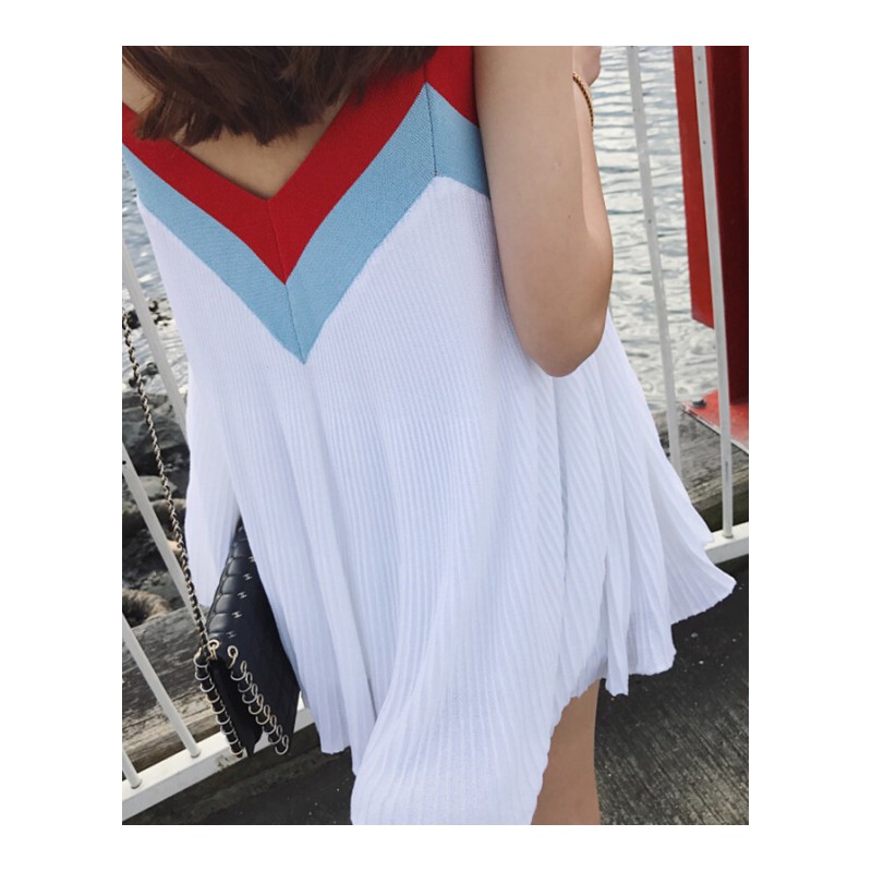 2018夏款新款撞色拼接V领长裙百褶百搭针织带连衣裙学生时尚潮图片色长款