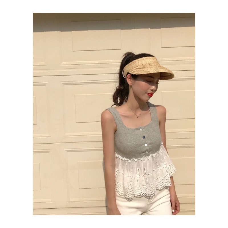 钩花镂空木耳边带上衣女夏外穿高腰宽松无袖背心灰色均码