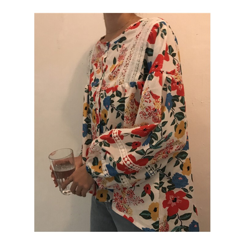 春装韩版复古蕾丝拼接碎花娃娃衫宽松套头长袖衬衫女上衣打底衫 图片色 均码
