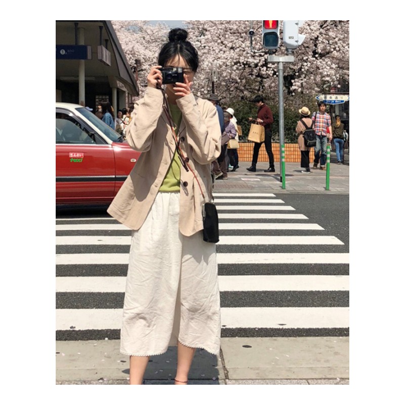韩国早秋复古百搭宽松小翻领长袖棉麻纯色薄款排扣西装外套女学生杏色均码