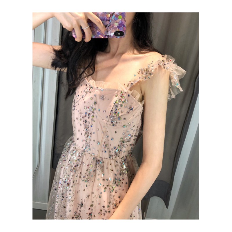 港风新款设计感中长款百搭夏小飞袖带仙女气质亮片显瘦连衣裙潮图色