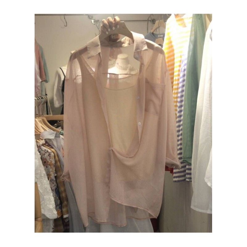 2018春秋新款中长款半透长袖雪纺衬衫外套开衫防晒衣女抹茶绿均码