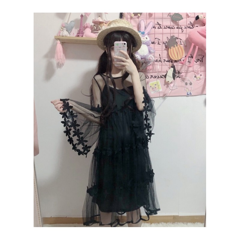 2018新款夏季女装韩版小清新学生宽松喇叭袖带连衣裙两件套裙子白色均码