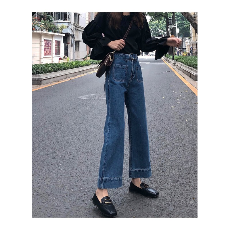 夏季女装韩版高腰系带百搭牛仔裤学生宽松显瘦阔腿裤直筒裤长裤潮深蓝色