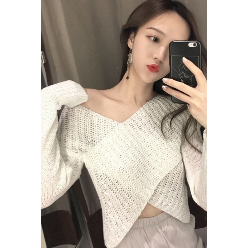 春夏韩版镂空交叉设计纯色V领套头针织短款长袖打底T恤上衣女白色均码