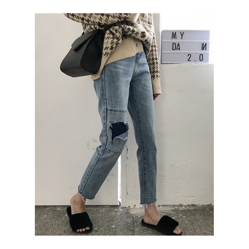 春装女装韩版宽松高腰显瘦破洞牛仔裤直筒裤九分裤学生阔腿裤长裤蓝色