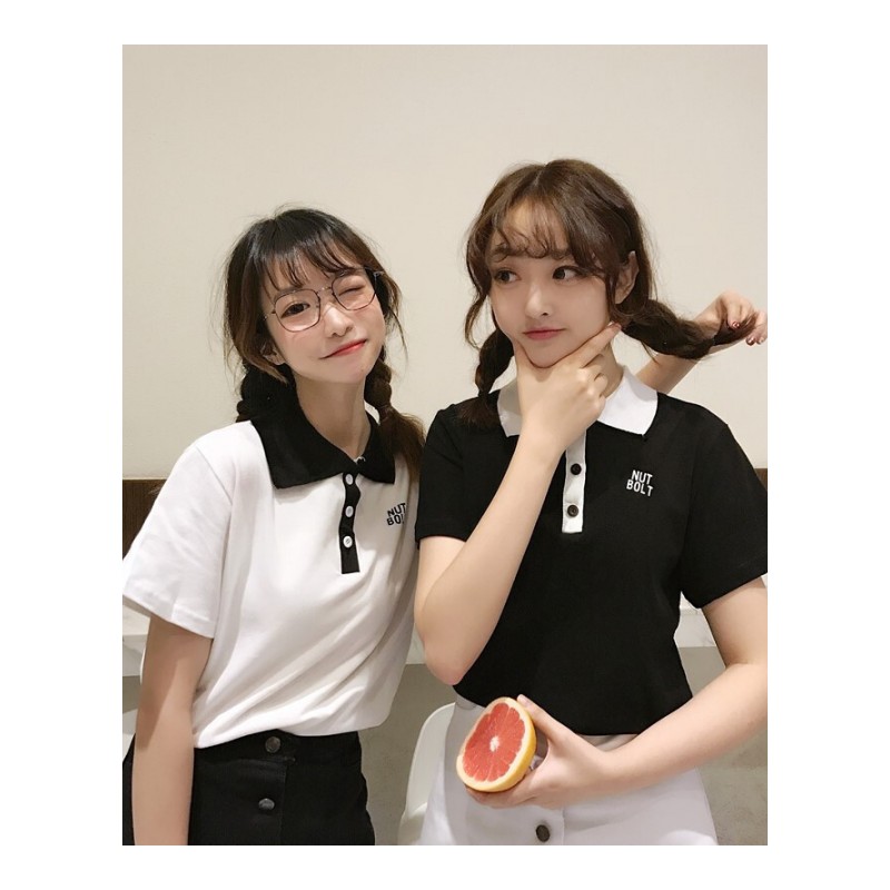 夏季女装韩版学院风短袖字母polo衫T恤+百搭单排扣半身裙两件套装