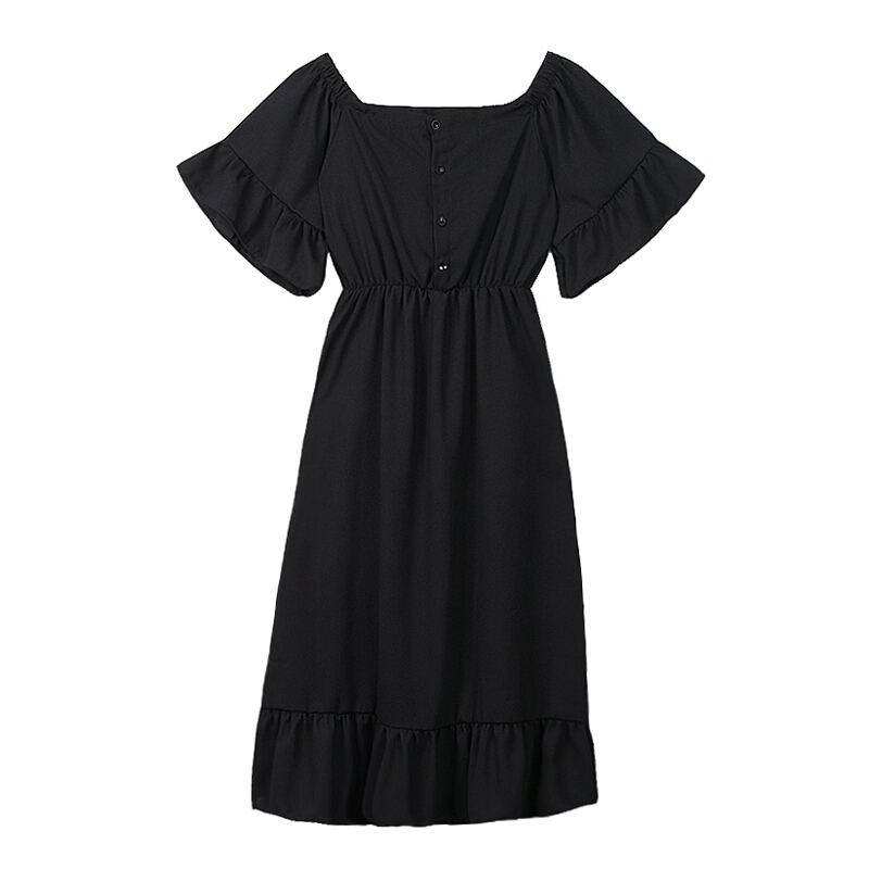 2018新款大码女装胖妹妹夏装一字领露肩显瘦胖mm遮肚子连衣裙减龄黑色