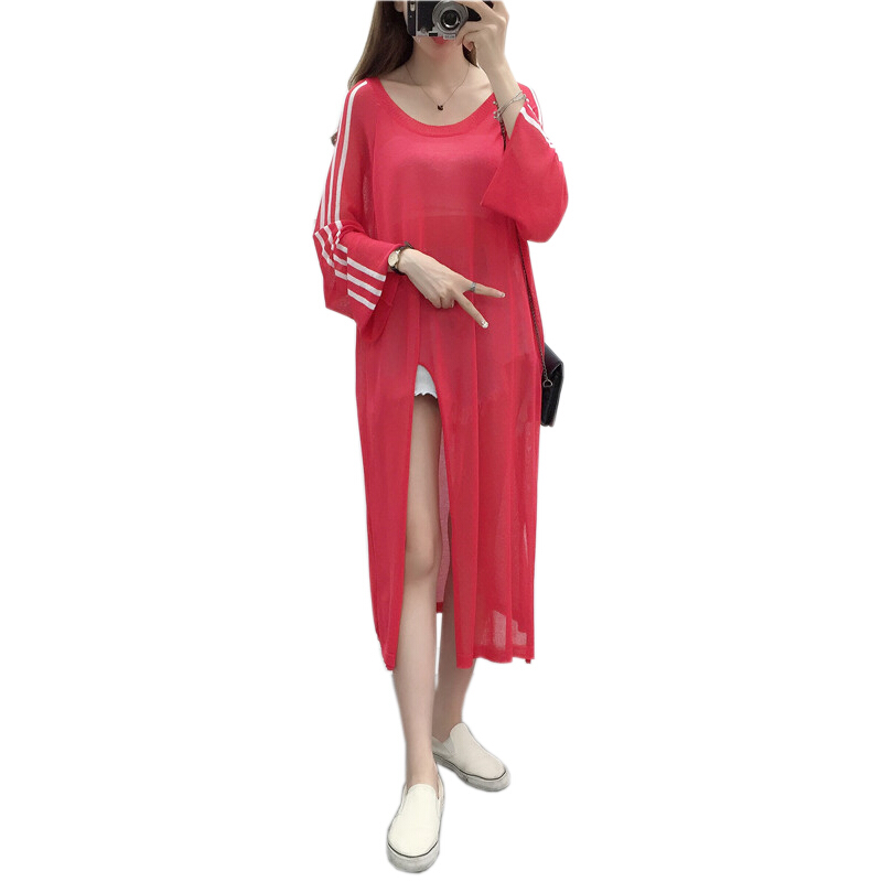 chic罩衫薄款针织衫女冰丝宽松bf条纹套头拼色慵懒风防晒上衣复古